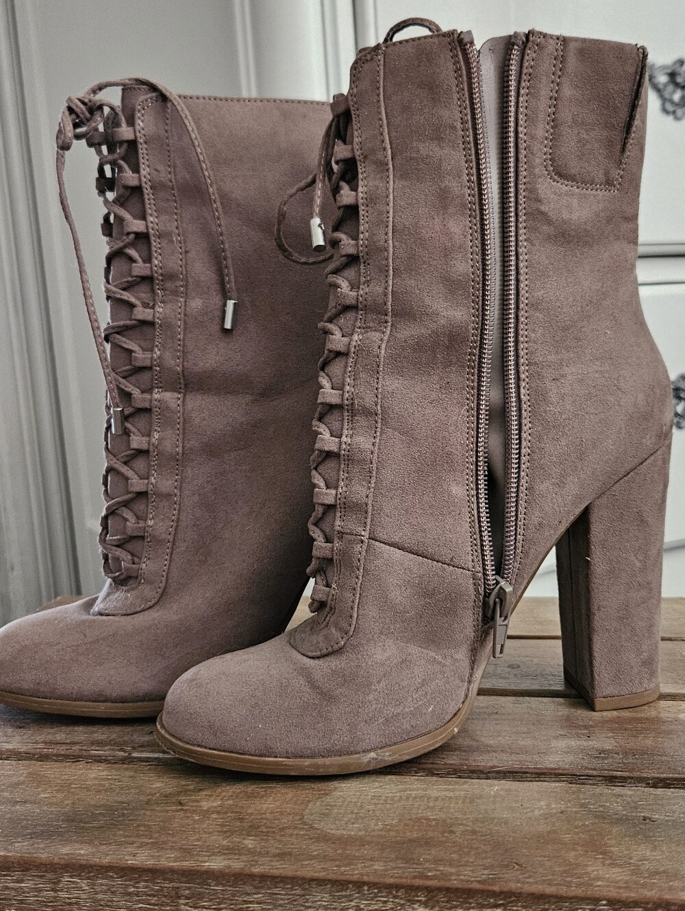 Carlos Lace-Up Suede Block Heel Boot in Taupe - Picture 2 of 5